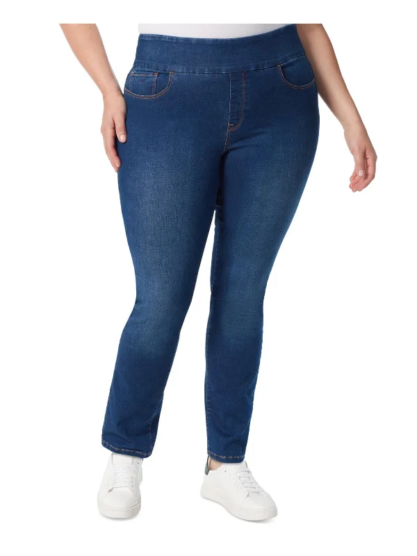 Plus Womens Monogram Pull On Straight Leg Jeans