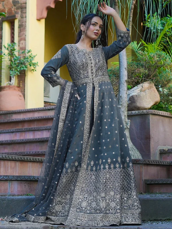 Libas Art Grey Embroidered Silk Anarkali Suit Set