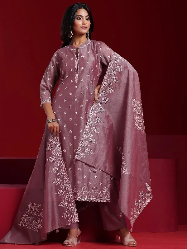 Libas Art Mauve Embroidered Chanderi Silk Straight Suit With Dupatta