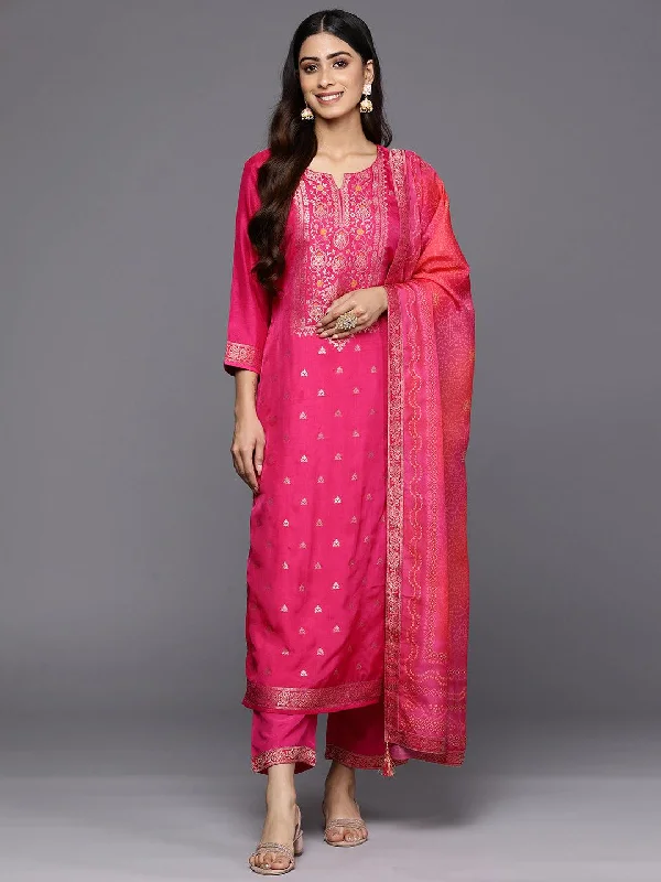 Magenta Self Design Silk Blend Straight Kurta With Trousers & Dupatta