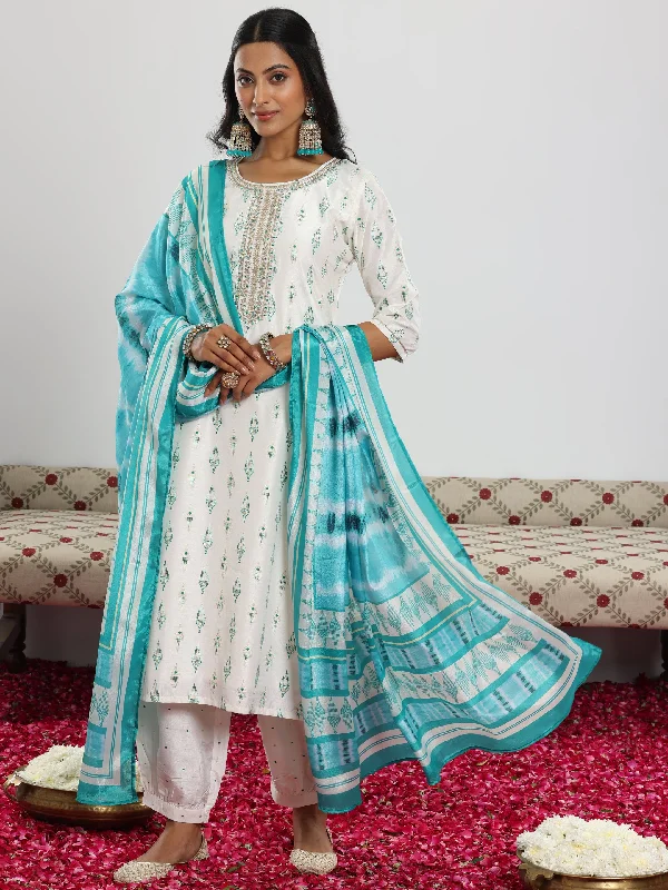 Off White Printed Silk Blend Straight Suit With Dupatta